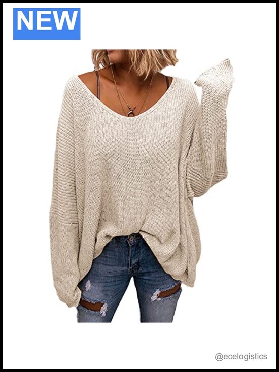 Sweaters - V Neck Long Sleeve Knit Loose Oversized Pullover Sweater Top